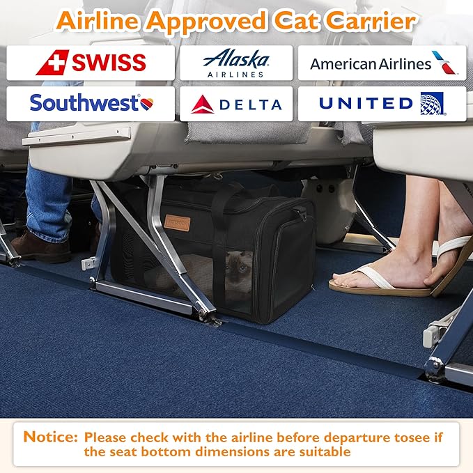 PETUX Airline Approved Cat Carrier or Small Cat up to 12 lb - 17"x11"x9.5", TSA, Underseat, Top & Side Entry Pet Carrier with Breathable Anti-Scratch Mesh & Litter Box for Travel and Vet Visit - Black