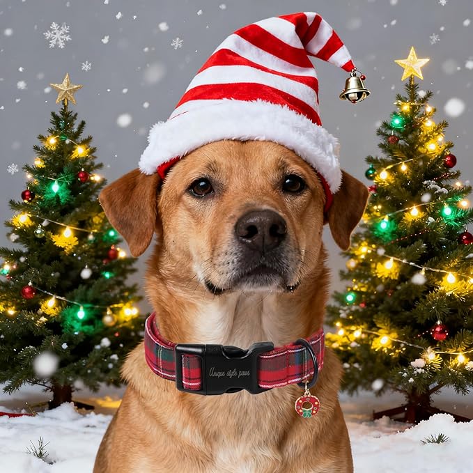 Unique Style Paws Christmas Dog Collar Plastic Buckle with Pendant Red Plaid Cotton Puppy Collars for Small Medium Large Dogs