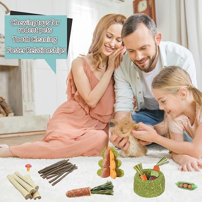 Bskllrgo] 37 - Piece Rabbit Chew Toy Set - Apple Sticks, Sweet Bamboo, Timothy Hay Sticks & Balls, Feeding Bowl & More | Natural Teething & Gnawing for Bunnies, Guinea Pigs