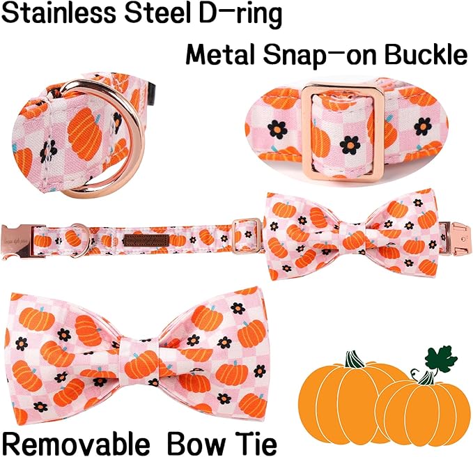 Unique Style Paws Halloween Day Dog Collar with Bow Pink Pumpkin Cotton Dog Collars for Small Medium Large Dogs