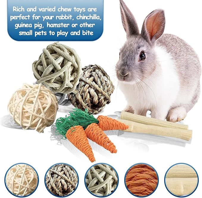 Hamiledyi Wood Rabbit Hay Feeder for Cage Bunny Hay Manger Rack Small Animals Feeding Holder Wooden Grass Dispenser with Chew Toys for Guinea Pig Chinchilla Hamster 9Pcs