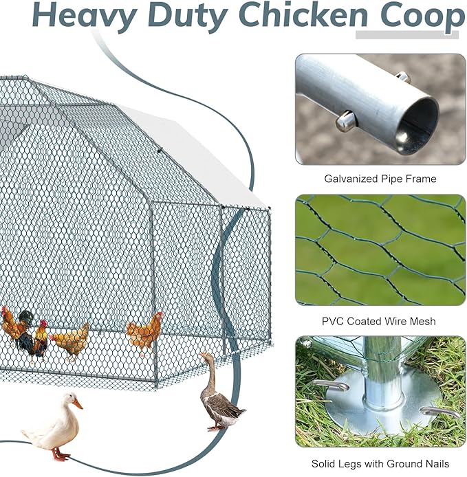 VINGLI Chicken Coop, 13.1x9.8x6.5 ft Large Metal Poultry Cage for Chicken Run, Walk-in Chicken Pen with Waterproof & Anti-UV Cover for Yard Outdoor (Silver-Flat Roof)