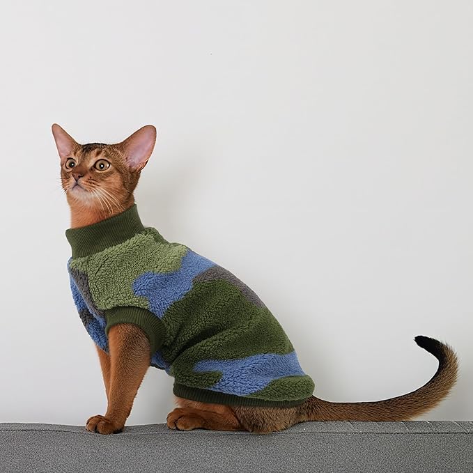 PUMYPOREITY Winter Warm Cat Sweater with Stretch Ribbed Collar & Cuffs, Snug & Secure Fit with Soft Plush Fleece, Easy-On Cat Sweatshirt for Indoor/Outdoor Use,Green, M