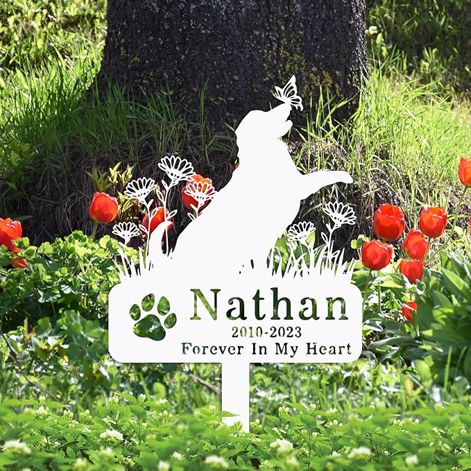 Custom Flowers Dog Memorial Stake Marker Metal Plaque, Personalized Flowers Dog Memorial Grave Marker with Paw, Customized Pet Dog Memorial Grave Stake Outdoor Decor Garden Sign Headstone