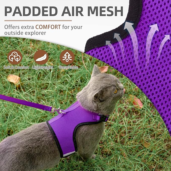 PUPTECK Soft Mesh Cat Vest Harness and Leash Set Puppy Padded Pet Harnesses Escape Proof for Cats Small Dogs, Purple Large