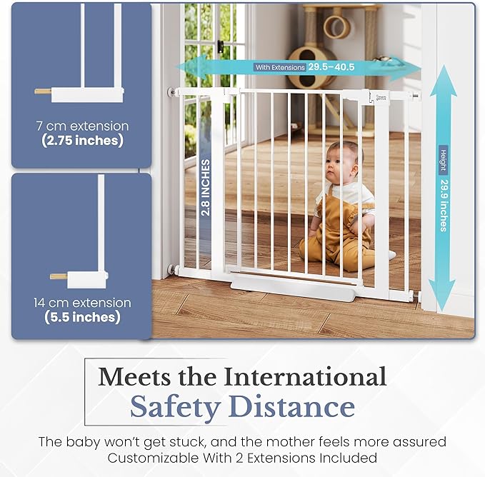 Pressure Mounted Baby Gate for Stairs, Extra Wide 29-40.5 Inch Adjustable, Auto-Close, Double Lock, 29.9" Tall Metal Dog Gates for Doorways, Kitchen & Hallways, CPC & CE Certified, White