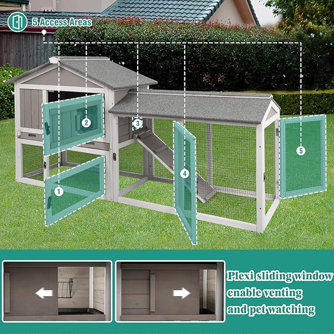 Rabbit Hutch Indoor Bunny Cage Outdoor Bunny Hutch with Pull Out Tray, Wooden Large Rabbit Cage with Run Weatherproof Roof, Guinea Pig Hutch (Grey, 110.2" L x 17.7" W x 33.4" H)