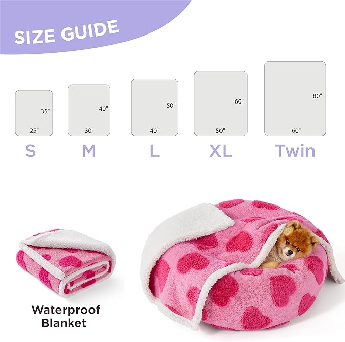 LE SURE Waterproof Puppy Blanket for Large Dogs - Washable Double Sided Dog Blankets with Warm Jacquard Shag and Soft Sherpa Fleece, Pet Cat Blanket for Couch Protection, Love Pattern Design，Pink