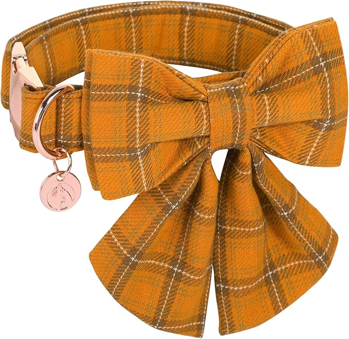 DOGWONG Cotton Dog Collar with Bowtie, Stylish Christmas Red Plaid Dog Collar Adjustable Puppy Necklace for Small and Medium Dogs