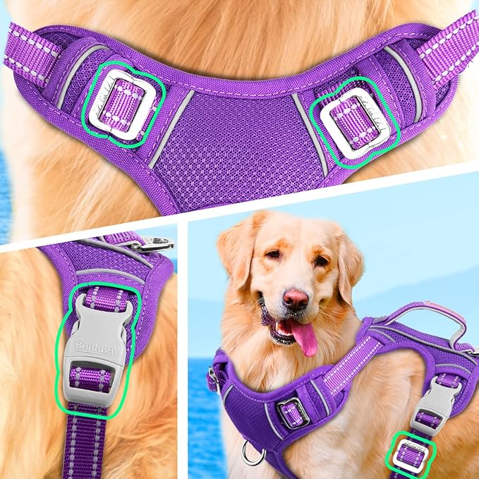 BARKBAY No Pull Dog Harness Large Reflective Dog Harness with Front Clip and Easy Control Handle for Walking Training Running with ID tag Pocket(Purple,M)