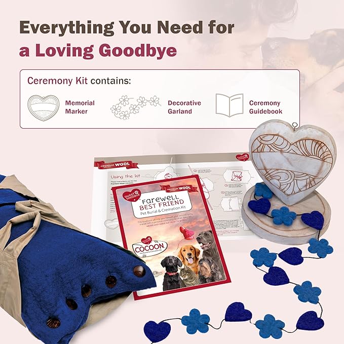 Cocoon® - Eco-Friendly Pet Burial & Cremation Ceremony Kit (Premium Wool) - Casket for Dogs and Cats (Choose Size & Color) (Large, Indigo)