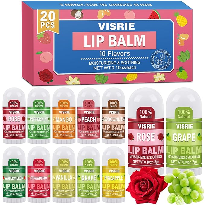 20 Pack Mini Lip Balm Bulk, Natural Lip Balm with Vitamin E & Beeswax, Moisturizing Lip Care for Dry Lips, Perfect for Party Favors, Care Packages & Small Gifts