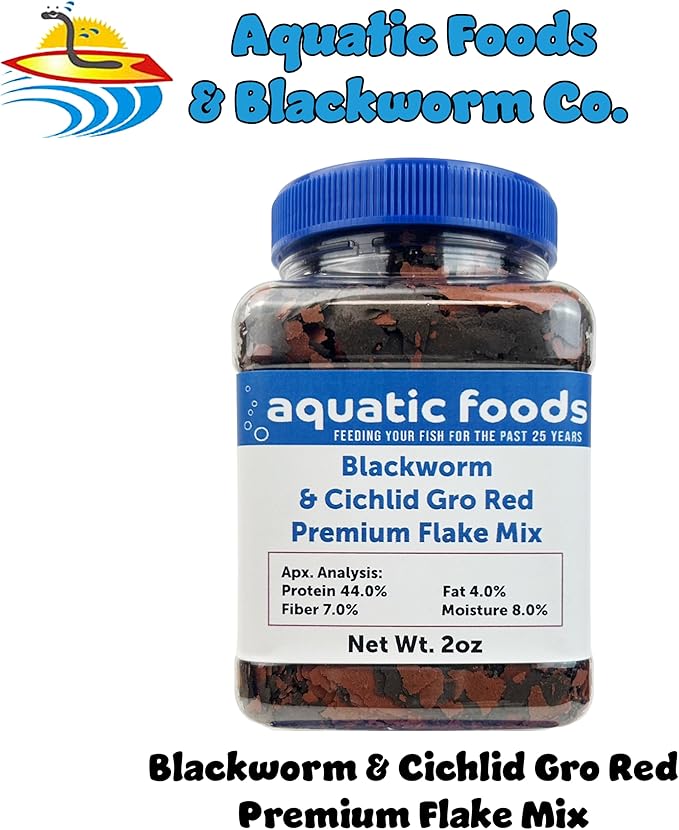 Aquatic Foods Inc. California Blackworm & Cichlid Color Red Premium Flakes for Discus, Cichlids All Community Tropical Fish Also Pellet Mix, Wafer Mix Included…2oz Jar