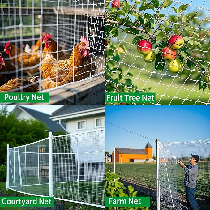 6'x50' White Polyester Bird Netting with 1" Square Mesh, Strong and Durable Chicken Coop Roof Netting, Protect Your Poultry from Hawks, Great for Gardens, Fences and Fruit Tree