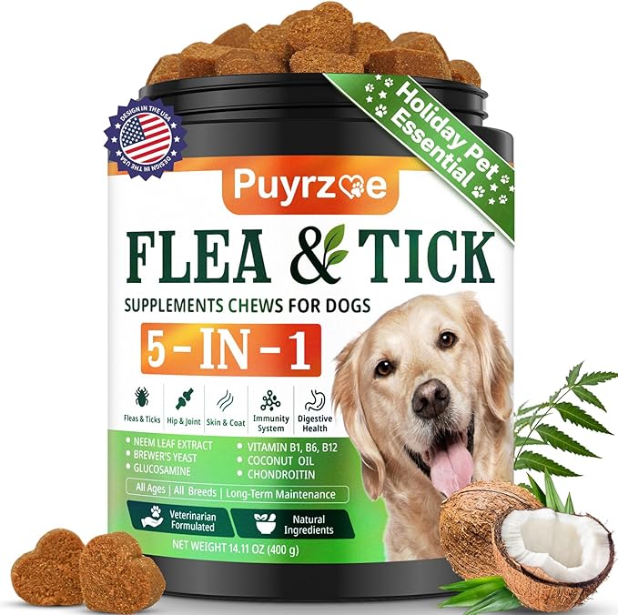 5-in-1 Dog Flea and Tick Treatment Chewable, Natural Flea and Tick Prevention for Dogs Chewable - Flea & Tick | Hip & Joint | Skin & Coat | Immunity Support | Digestive for All Breeds & Sizes