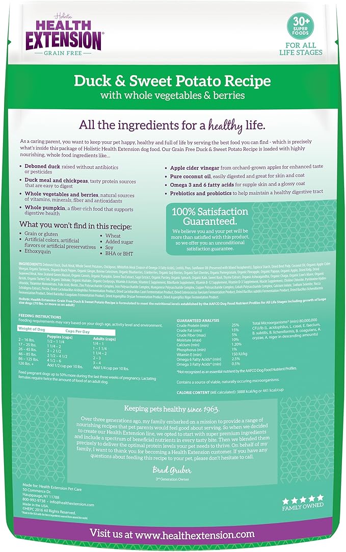 Health Extension Grain Free Duck & Sweet Potato Dry Dog Food - 30+ Superfoods and Probiotics for All Life Stages (4lb)