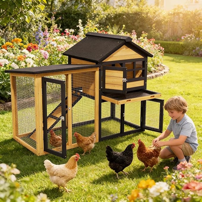 Premium Chicken Coop Bunny Cage for Outdoor Indoor, 2-Story Rabbit Hutch for Guinea Pigs, Wooden Chicken Cage with Deep Pull-Out Tray, Waterproof Poultry Hutch for Outside (Yellow Black)