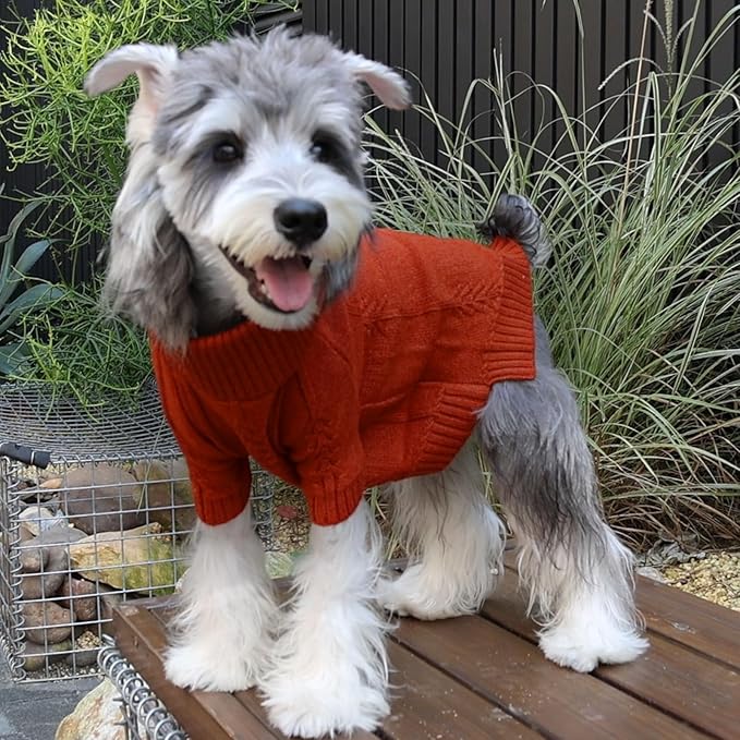 DELIFUR Dog Long Sleeve Sweater - Knitted Turtleneck Dog Knitwear Warm Dog Coats with Classic Cable Fall Winter Clothes for Small Dog (Brick Red, Medium)
