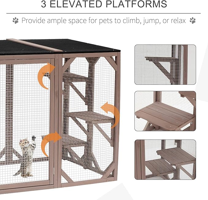 PawHut Outdoor Cat House, Catio Wooden Feral Cat Shelter, Cat Cage with Platforms, Large Enter Door, Weather Protection Asphalt Roof, 71" L, Brown