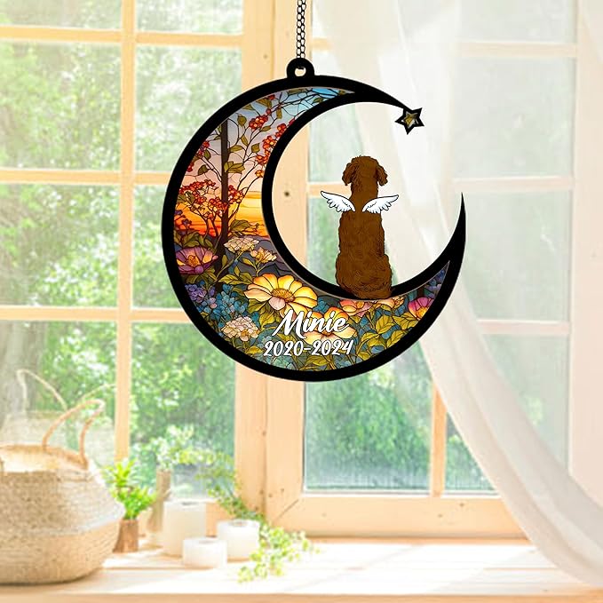 Personalized Goldendoodle (Chocolate) Sun Catcher, Dog Memorial Gifts, Custom Goldendoodle (Chocolate) with Wings Ornament Christmas Tree, Loss of Dog Sympathy Gift Memorial Suncatchers