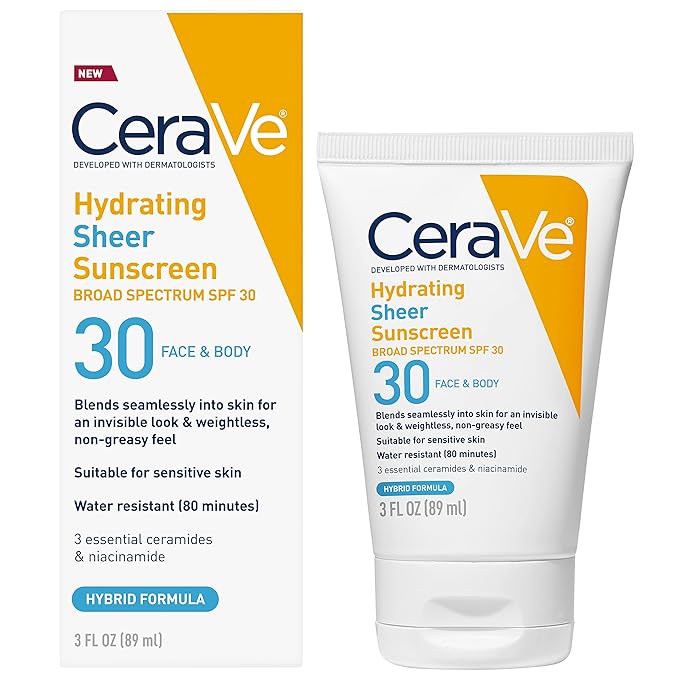 CeraVe Hydrating Sheer Sunscreen with SPF 30 for Face and Body, Mineral & Chemical Sunscreen for Men & Women with Zinc Oxide, Hyaluronic Acid and Ceramides, Paraben-Free + Fragrance-Free, 3 Ounces