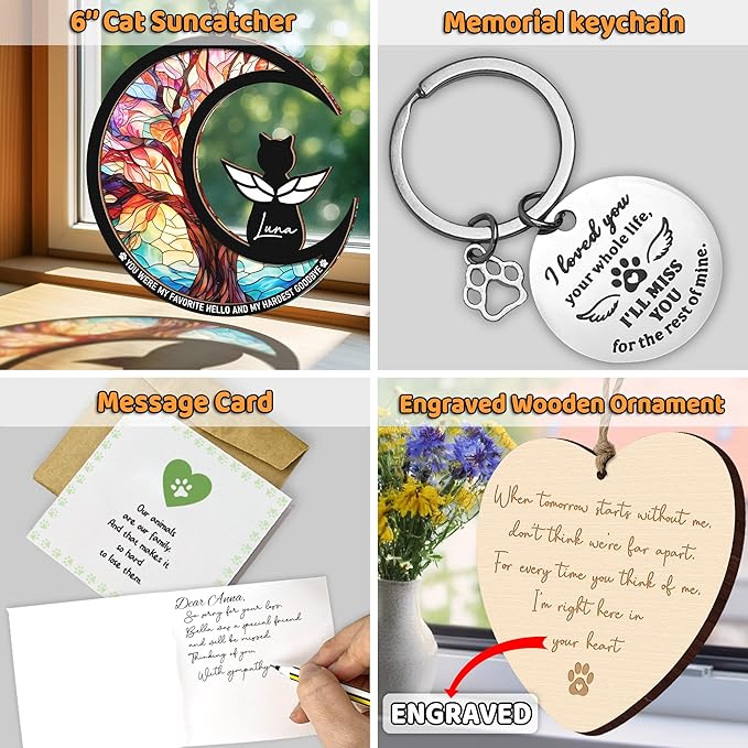 6" DIY Cat Angel Memorial Suncatcher, Engraved Pet Memorial Ornament, Pet Sympathy Keychain, Loss of Animal Sympathy Card, Rainbow Bridge Cat Loss Gift, My Favorite Hello Hardest Goodbye PS191