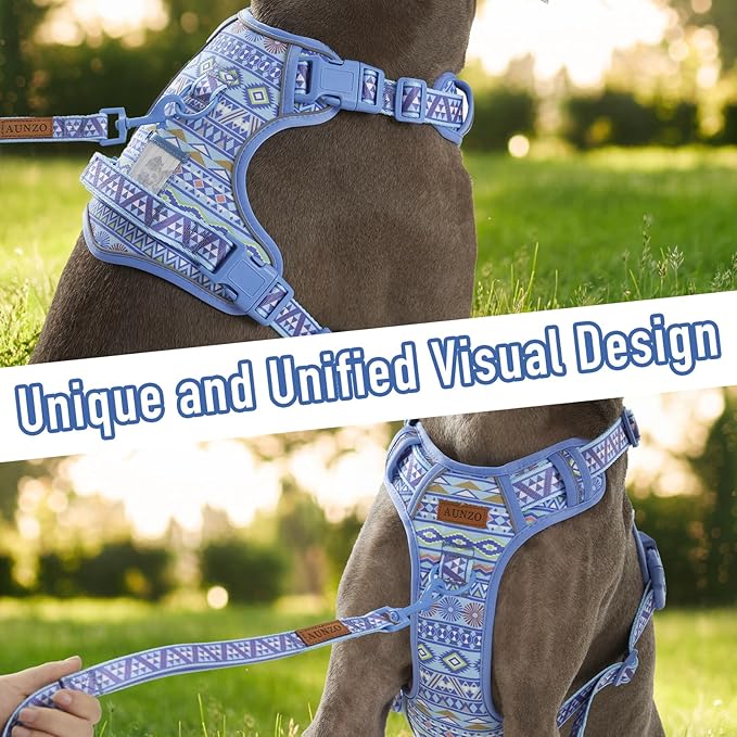 Dog Harness for Medium Large Dogs, No Pull Pet Harness with 2 Leash Clips, Adjustable Soft Padded Dog Vest, Reflective Pet Oxford Vest with Easy Control Handle, Blue Ethnic M