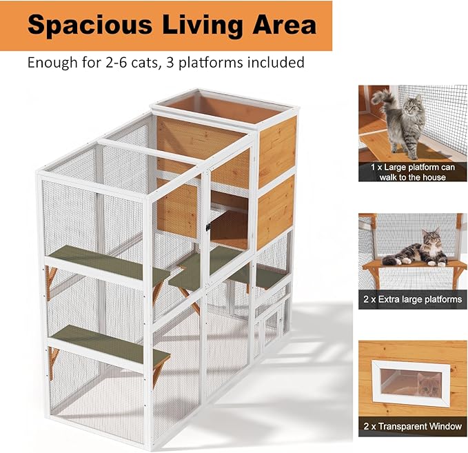 Catio Outdoor Cat Enclosure, Large 4 Tiers Cat Catio Connect to Window for Outdoor Indoor Cats with Weatherproof Roof, Resting Rooms, Platforms, Large Door, 76" L x 32.9" W x 70.8" H, White