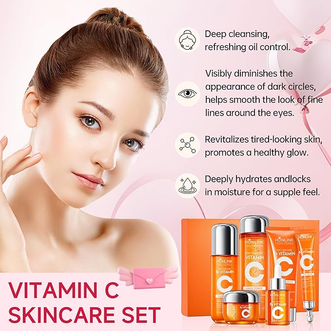 6-Piece Hydrating Skincare Set with Vitamin C & Niacinamide, Face Care Kit Includes Toner, Serum, Cleanser, Moisturizer, Eye Cream & Body Lotion | Valentine’s Day Gift for Women