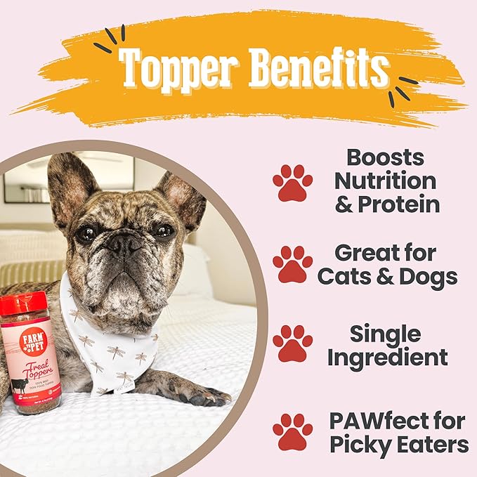 Farm To Pet - Dog Food Topper - 4.7 oz Beef Meal Toppers for Dogs, Single Ingredient, Lean, All Natural, Healthy Food for Small, Medium, Large Breeds, & Puppies - Made in USA