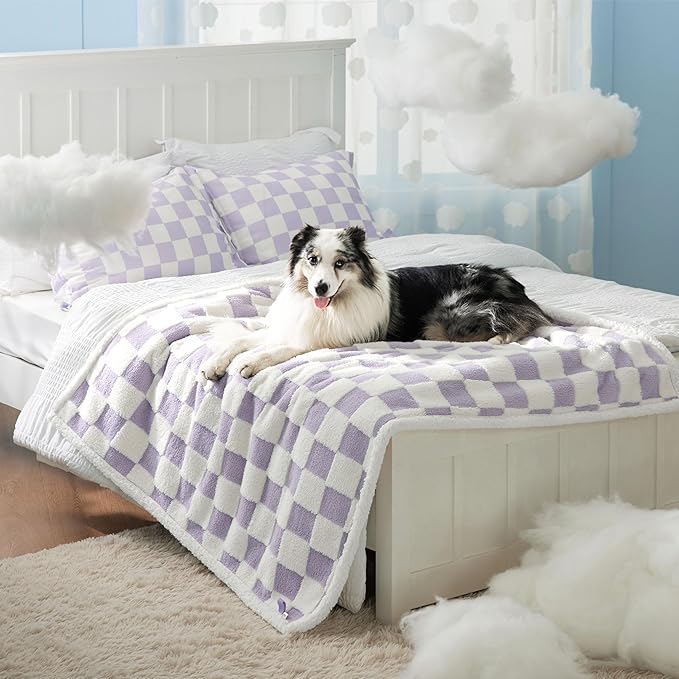 LE SURE Waterproof Dog Blanket for Large Dogs - Washable Double Sided Dog Blankets with Warm Jacquard Shag and Soft Sherpa Fleece, Pet Cat Blanket for Bed Couch Protection, 3D Textured Checks, Purple