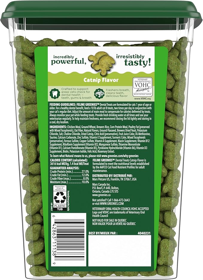 Greenies Feline Veterinarian-Recommended Adult Natural Dental Cat Treats, Catnip Flavor, 9.75 oz. Tub