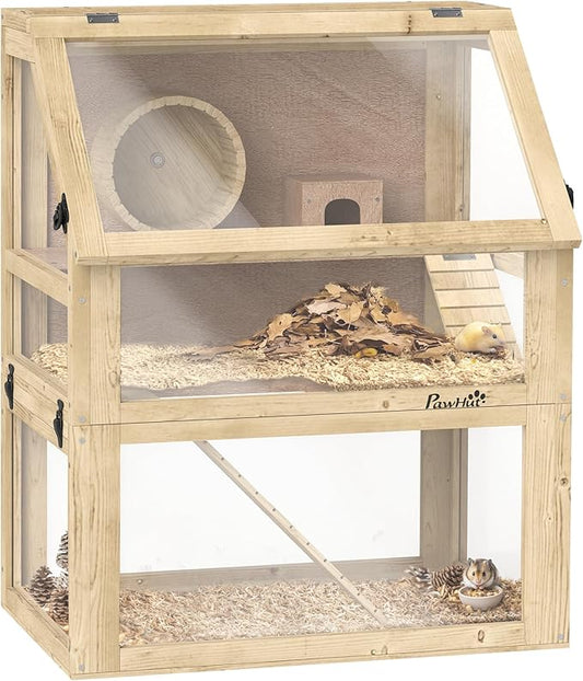 PawHut Wooden Hamster Cage, 3 Tier Small Animal Cage with Detachable 12.6" Deep Bottom, Hut, Seesaw, Exercise Wheel, Ramps, Hamster Habitat for Dwarf, Gerbil, 24" x 16" x 29.5"