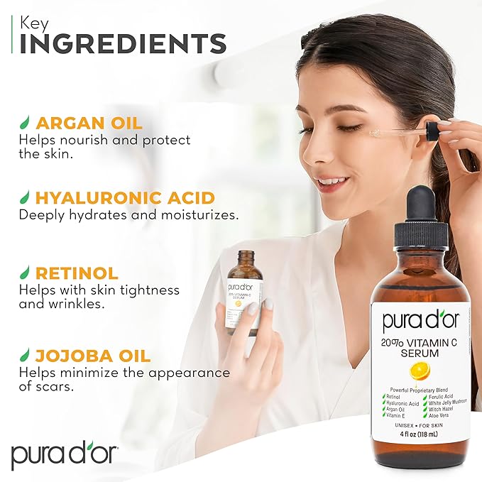 PURA D'OR 20% Vitamin C Facial Serum 4 Oz - Antioxidant Blend with Retinol, Hyaluronic Acid, Vitamin E & Ferulic Acid - Hydrating Lightweight Skincare Formula - Men and Women Daily Use Skin Care Plus