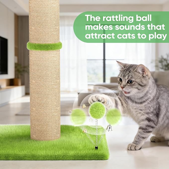 XiaZ Cat Scratching Post 34'' Tall, Cat Scratchers Tree Tower for Indoor Kitty with Extra Wide 15.8" Stable Base and 2 Toy Balls, Natural Sisal & Plush Fabric for Small, Medium Cats (Green, 2.8in)