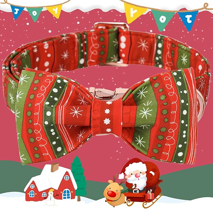 DOGWONG Christmas Dog Collar Bow Adjustable Girl Boy Red Strip Dog Collar Bow Tie Cute Christmas Red Dog Collar for Small Medium Large Dogs
