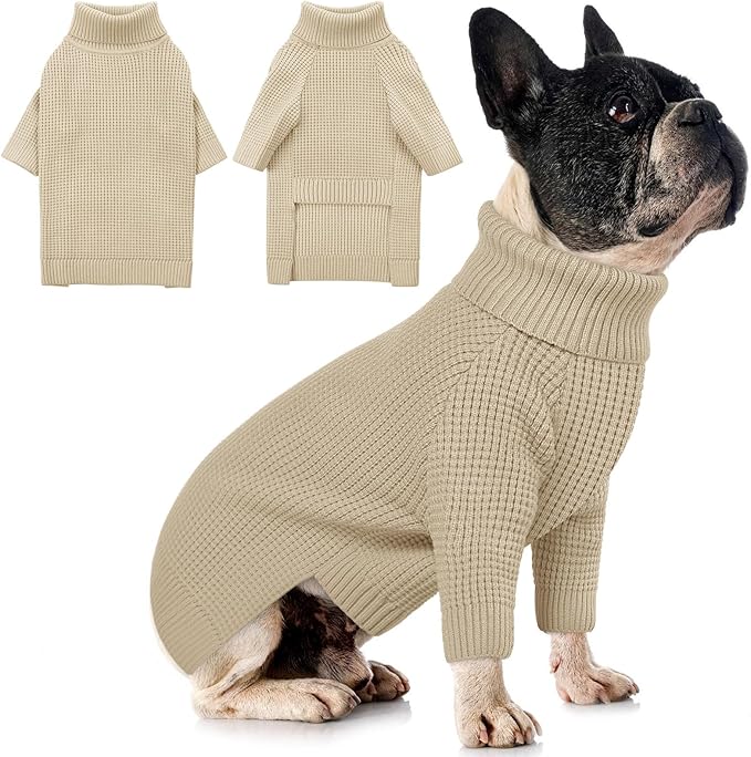 Queenmore Small Dog Sweater, Long Sleeve KnitSweater with Check Pattern, Warm Plaid Doggie Sweaters for Small Medium Dogs, Solid Pull-on Cat Knitwear, Apricot S