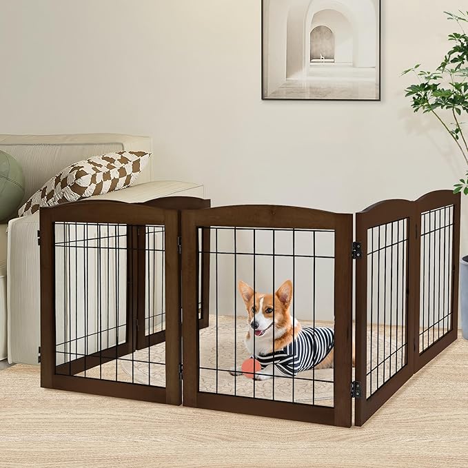 LZRS 6-Panel Extra Wide Wooden Freestanding Dog Gate: Foldable Solid Wood and Steel Wire Chew Resistant Safety Barrier for Doorways, Stairs, and Open Long Spaces Indoor Use, Walnut