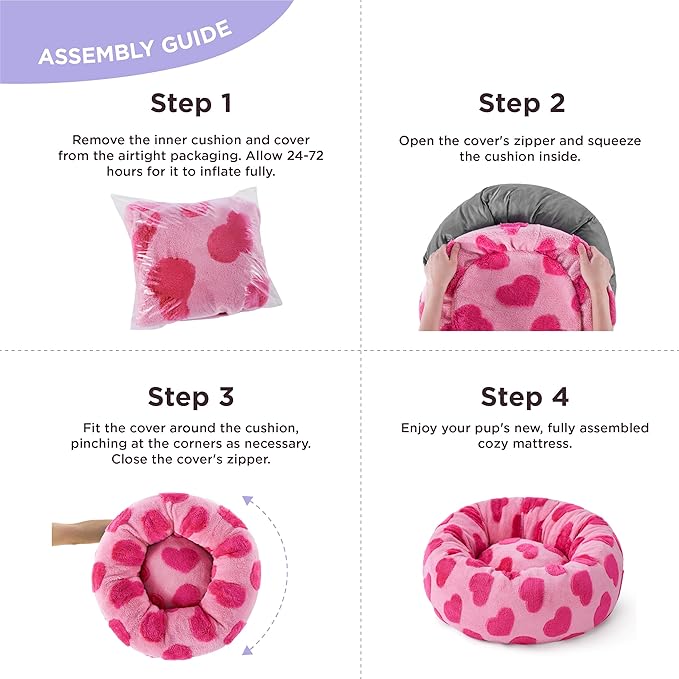 LE SURE Donut Medium Dog Bed - Round Cat Beds Indoor Calming Gift for Pets, Washable Cute Modern Beds with Jacquard Shaggy Plush & Anti Slip Bottom, 30 Inch, Heart Pink