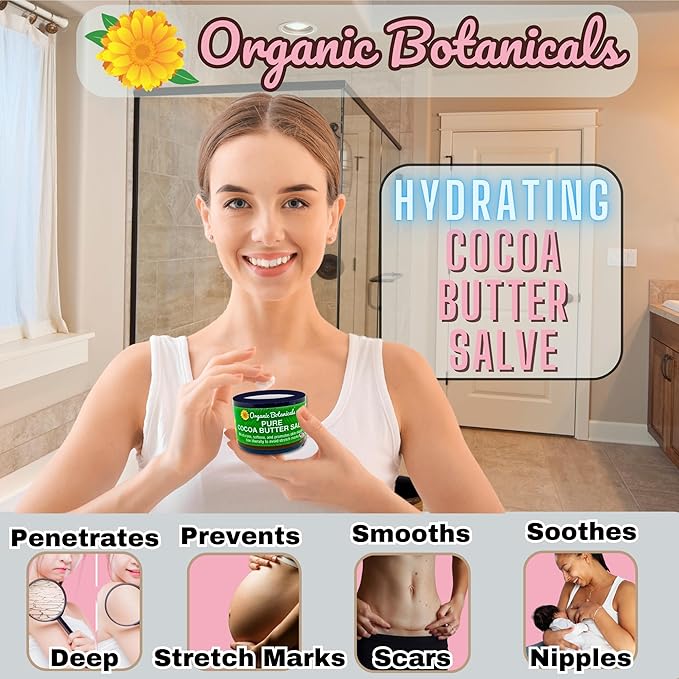 Cocoa Butter Salve - Organic Belly Butter for Pregnant Women, Nipple Balm, Scar Cream, Stretch Marks, & Body Bumps Moisturizer, All-Natural with Intense Hydration, 2 ounces