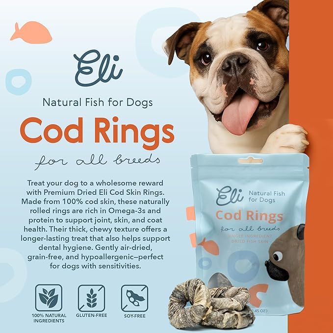 Eli Cod Skin Rings – A Natural, Protein-Rich Dog Treat Made from Crunchy Cod Skin Loops, High in Omega-3, Ideal as a Longer-Lasting Reward, Single Ingredient, Grain Free, Air Dried – 2.45oz