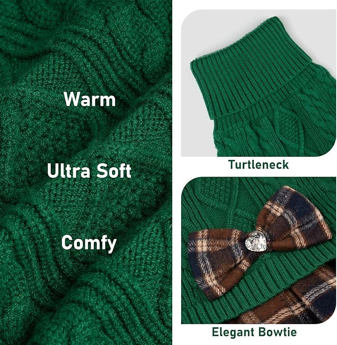 KYEESE Dog Sweater Thick Dog Sweaters for Small Dogs Male Stretchy Knitwear Pet Sweater Dress Warm Pullover Pet Coats Comfy Dogs Clothes with Bowtie Soft Turtleneck Cat Sweaters, Green, Medium