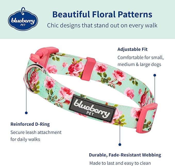 Blueberry Pet Floral Rose Turquoise Dog Collar - Cute Girl Collars for Large Girl Dog Collars, Adjustable & Durable Collar for Dogs, Neck 18-26"