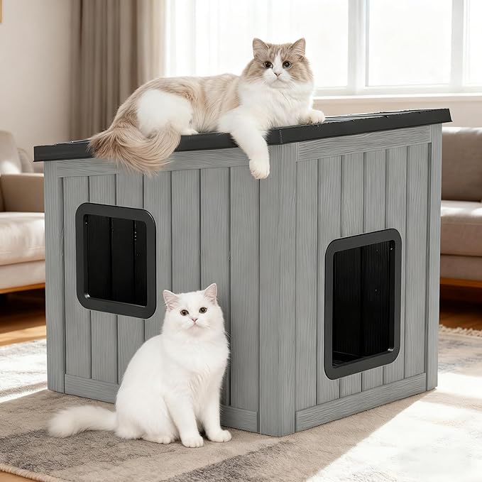 KAMABOKO Outdoor Cat House Weatherproof Plastic Cat Shelter for Indoor & Outdoor, Durable All-Season Pet House for Feral, Stray & Domestic Cats, Black
