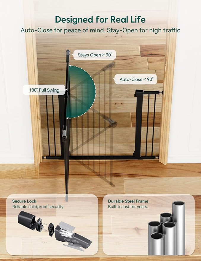 BABELIO 36" Tall Baby Gate PressGuard P7, 29-48" Auto-Close & Pressure Mounted, Black Steel Dog Gate for Stairs & Doorways
