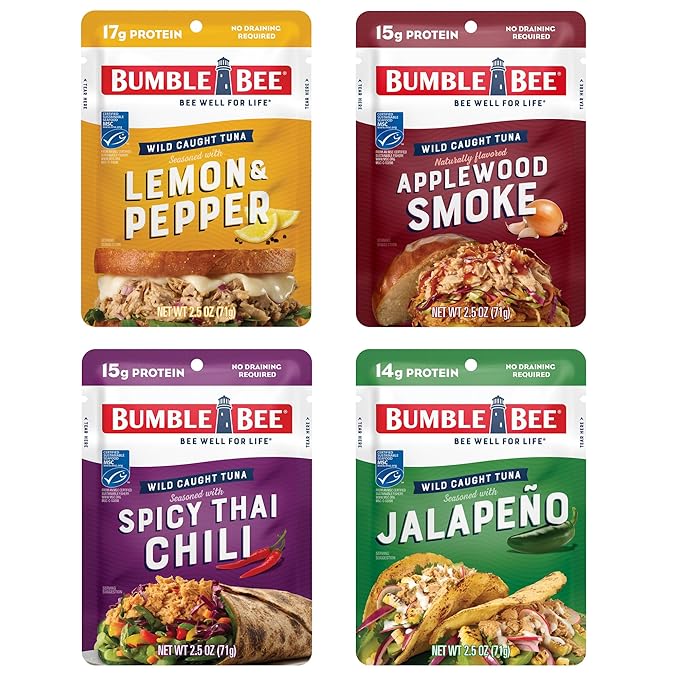 Bumble Bee Seasoned Tuna Pouch Favorite Flavors Bundle (4 Total Pouches) - Lemon & Pepper Tuna, Applewood Smoke Tuna, Spicy Thai Chili Tuna, and Jalapeno Tuna - Ready to Eat 2.5 oz Packets