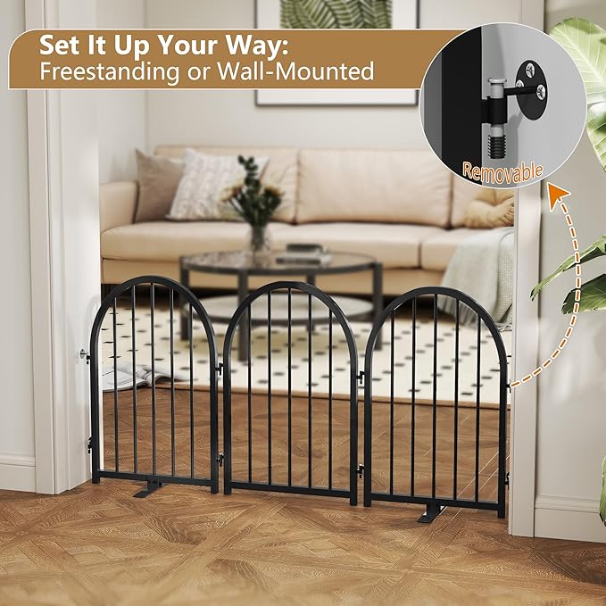 Full Metal Dog Gate with Door for Indoor Outdoor, 24" Tall Free Standing Pet Dog Fence, 108" Extra Wide Pet Gates for Stairs, Hallways, Doorways, Kitchen, Decks, Yards (Black, 6 Panels)