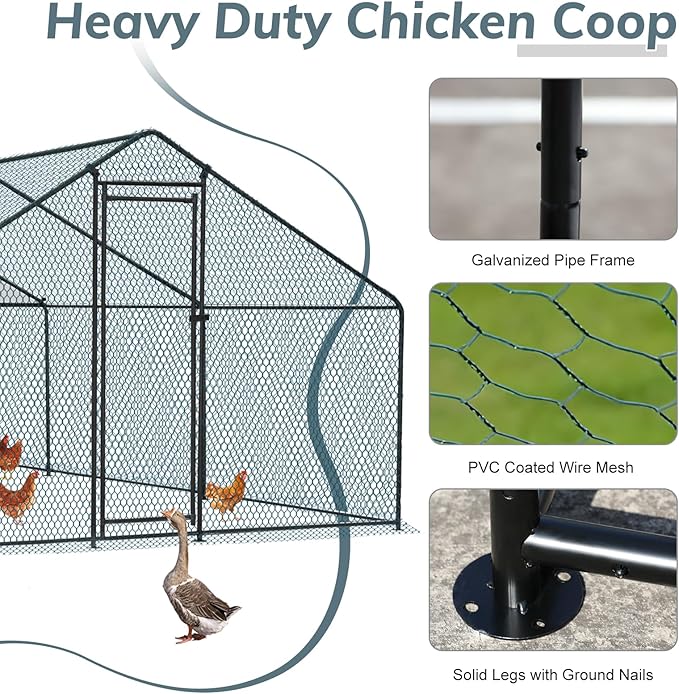 VINGLI Chicken Coop, 19.7x9.8x6.5 ft Large Metal Poultry Cage for Chicken Run, Walk-in Chicken Pen with Waterproof & Anti-UV Cover for Yard Outdoor (Black-Spire Roof)