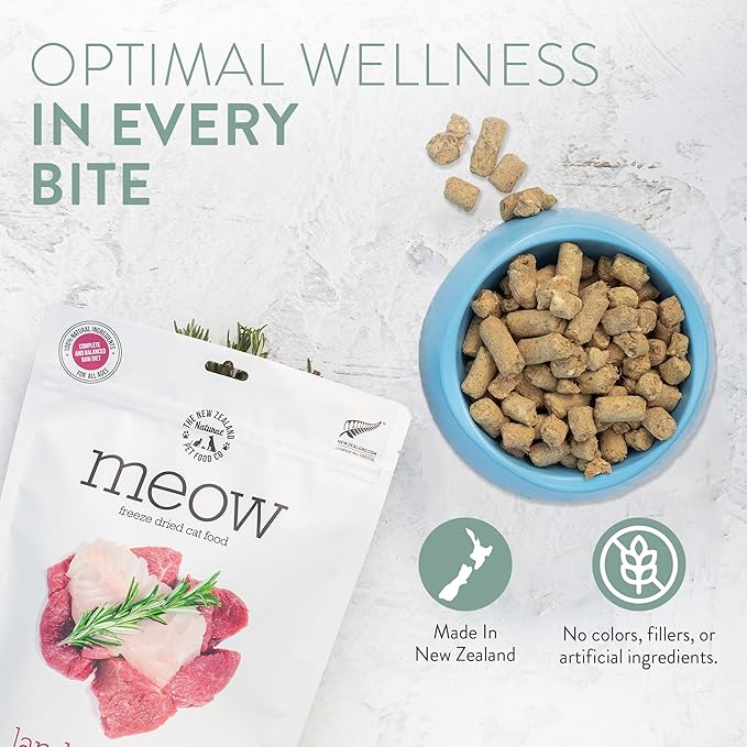The New Zealand Natural Pet Food Co. Meow Freeze Dried Cat Food - Lamb & Hoki Recipe, High Protein Treats, Meals & Toppers, Dry Cat Food, 9.9 oz