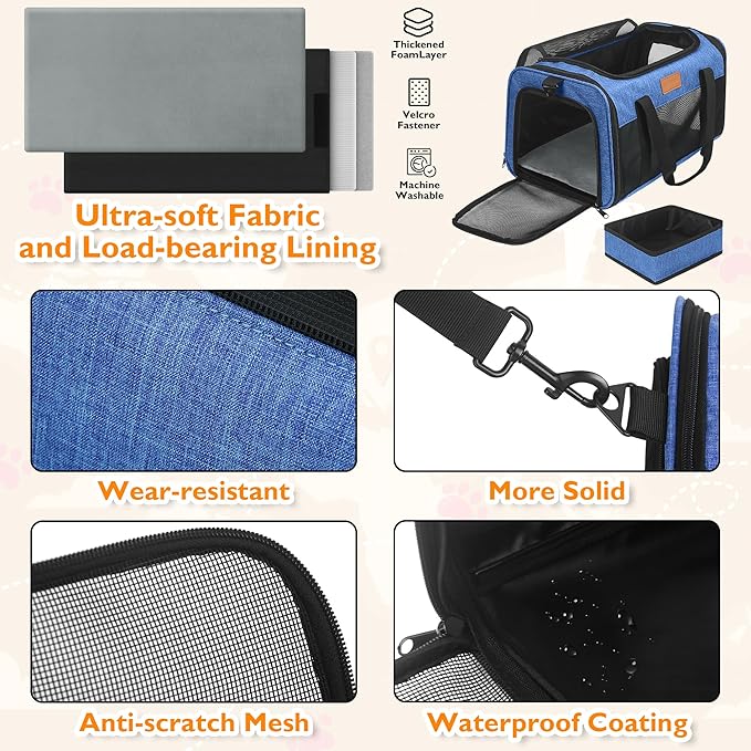 PETUX Airline Approved Cat Carrier or Small Cat up to 12 lb - 17"x11"x9.5", TSA, Underseat, Top & Side Entry Pet Carrier with Breathable Anti-Scratch Mesh & Litter Box for Travel and Vet Visit - Blue